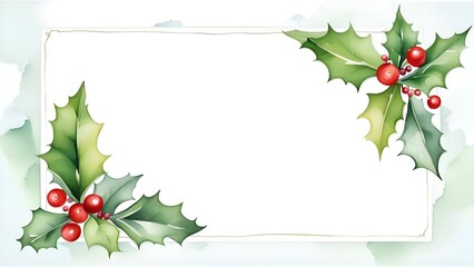 Wattercolor christmas frame with holly berries.