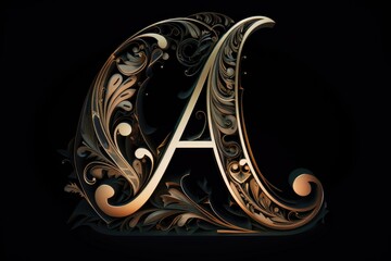 letter a, calligraphic style, on black background