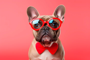Fototapeta premium funny and cute french bulldog in glasses on red studio background