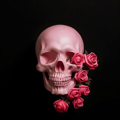 Human skull model decorated with rose branch, creative Day of the Dead celebration concept, gothic style, dark background.