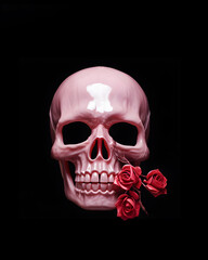 Human skull model with roses in teeth, creative horror concept, gothic style, dark background.