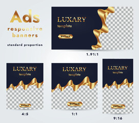 The overall concept of the banner set includes gold and black colors that create a sense of luxury and elegance. The set is intended for websites or in online advertising campaigns. - obrazy, fototapety, plakaty