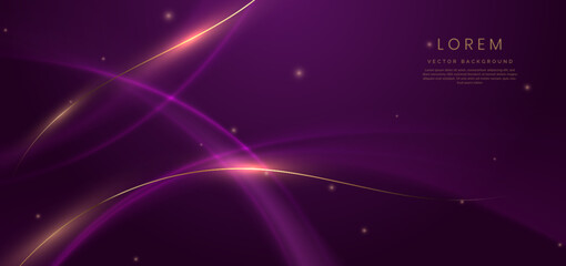 Fototapeta premium Luxury dark purple background with gold line curved and lighting effect sparkle.