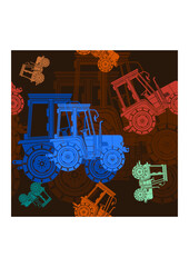 Editable Side View Flat Monochrome Farm Tractors Vector Illustration in Various Colors as Seamless Pattern With Dark Background for Vehicle or Agriculture Related Design