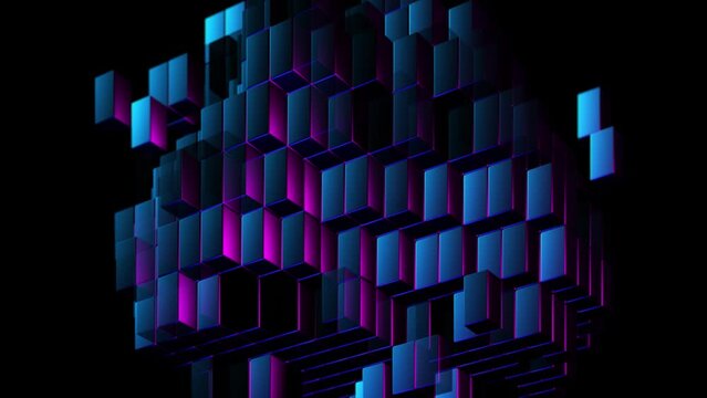 Abstract object made up of isometric rectangular blue blinking 3D blocks. Database, information technology or virtual reality concept. Looped animation of flashing 3D digital bricks, black background