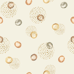 Watercolor seamless pattern beige polka dots, glitter circles. Hand drawn clipart. Perfect for card, textile, tags, invitation, printing, wrapping.