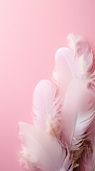 A delicate array of soft pastel-colored feathers gently dispersed across a light pink background. Vertically oriented. 