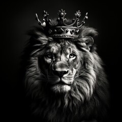 Black and white photography of a lion king with a crown, generated with AI