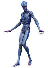 3D Rendering Blue Alien on White