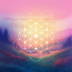 Flower of life. Tree of life. Sacred geometry spiritual new age futuristic illustration with transmutation interlocking circles, triangles and glowing particles