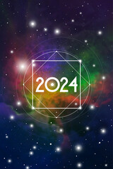 Astrological New Year 2024 Greeting Card or Calendar Cover on Cosmic Background. Sacred Geometry Christmas Vector Design with Space Backdrop.