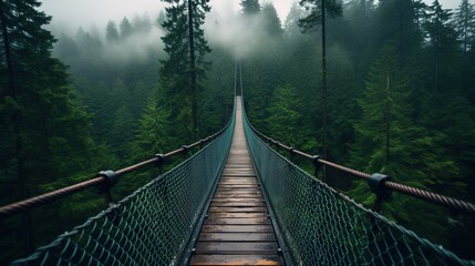 Fototapeta premium Generative AI, treetop boarding bridge on misty fir forest beautiful landscape in hipster vintage retro style, foggy mountains and trees...