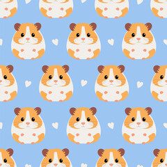 Seamess pattern with cute orange and white syrian hamster and hearts on blue background. Vector flat illustration