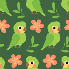 Seamless pattern with cute green parrot, flower and leaves on green background. Vector flat illustration
