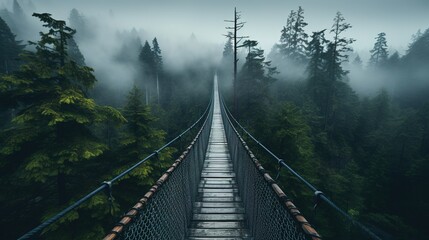 Generative AI, treetop boarding bridge on misty fir forest beautiful landscape in hipster vintage retro style, foggy mountains and trees... - 682885168