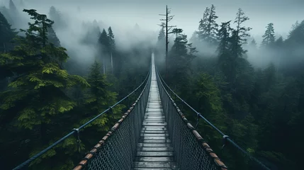 Foto op Plexiglas Donkergrijs Generative AI, treetop boarding bridge on misty fir forest beautiful landscape in hipster vintage retro style, foggy mountains and trees...