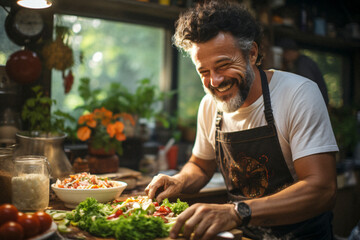 Leidenschaftlicher Koch bereitet mit Freude frische Salate in einer gemütlichen Küche zu - obrazy, fototapety, plakaty