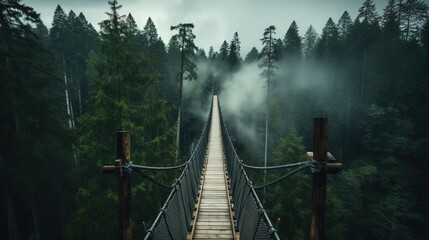 Generative AI, treetop boarding bridge on misty fir forest beautiful landscape in hipster vintage retro style, foggy mountains and trees... - obrazy, fototapety, plakaty