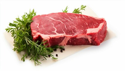 Fototapeta premium Raw beef steak with rosemary isolated on white background, top view, ai