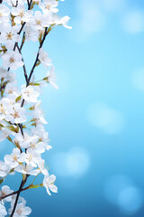 Beautiful spring border, blooming cherry blossoms on a blue background. Beautiful bokeh. Space for text