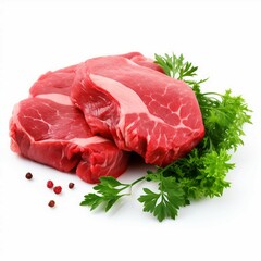 Raw beef steak with rosemary isolated on white background, top view, ai