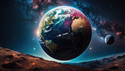 Obraz na płótnie Canvas Space futuristic landscape with earth planet on the sky.
