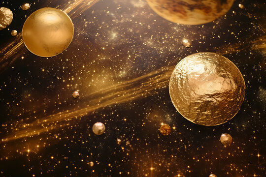 space, planets and stars theme golden metallic, close up, festive background, shiny © World of AI