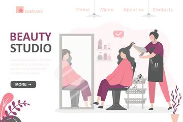 Beauty salon, landing page template. specialist hair stylist doing haircut for female character sitting in chair. Caucasian client getting hairdo. Hairdressing in special center.