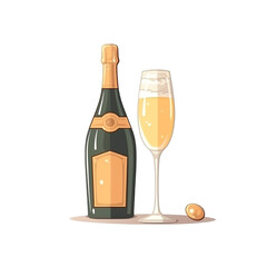 Champagne bottle with glass flat style illustration