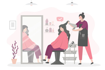 Beauty salon, specialist hair stylist doing haircut for female character sitting in chair. Caucasian woman client getting hairdo. Hair treatments in barber shop.