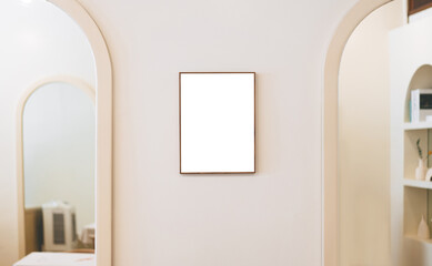 White blank mock up wooden frame hang on wall beige color room scandinavian interior