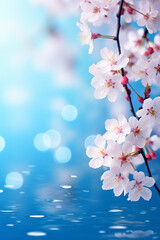 Beautiful spring border, blooming cherry blossoms on a blue background. Beautiful bokeh. Space for text