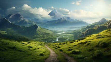 Beautiful colorful landscape with a country road among mountains and greenery.