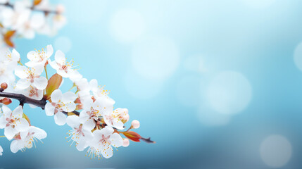 Beautiful spring border, blooming cherry blossoms on a blue background. Beautiful bokeh. Space for text