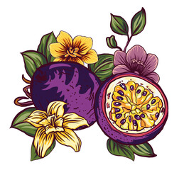 elements for design passion fruit with flowers and vanilla, packaging design, textiles, lantern,...