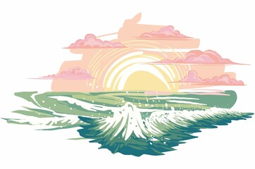 elements for design with hand-drawn sunset sea, for your compositions, packaging design, textiles, lantern, paper, dishes