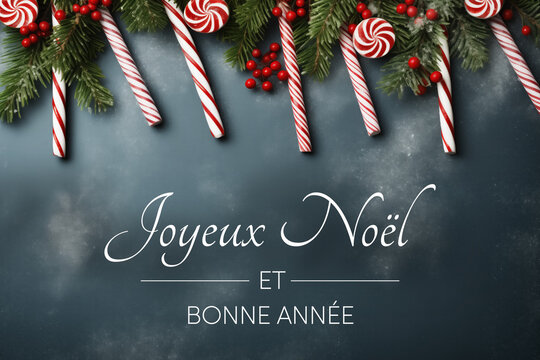 Christmas Card - Merry Christmas and Happy New Year in French language: Joyeux Noël et Bonne Année