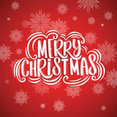 Merry Christmas greeting card lettering design red background.