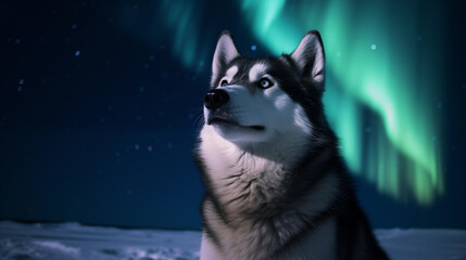 A husky dog sitting in a winter landscape looking at the northern lights in the night sky