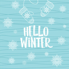 Naklejka na ściany i meble Hello winter text, background. Vector Brush lettering. Vector card design with custom calligraphy. Winter season cards, greetings for social media.