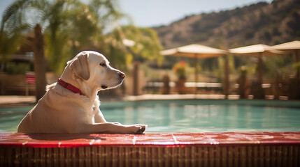 A white labrador sitting in a swimming pool in a vacation resort