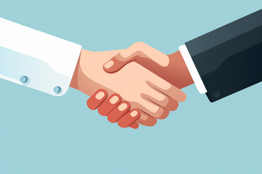 The close up vibrant and colorful minimal flat illustration of businessmen shaking hands in meetings or agreements isolated on a simple background. Generative AI.