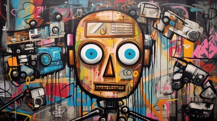 Illustration of urban street art painting on wall graffiti , robot and city