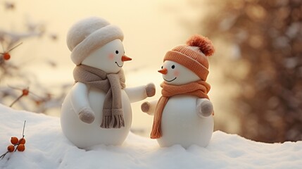 Illustration of Merry christmas and happy new year greeting card with happy snowman standing in christmas landscape.
