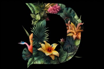 letter d, tropical style, on black background
