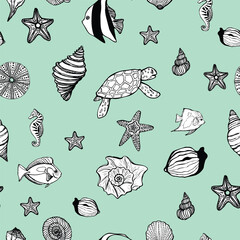 Seamless vector pattern with fish, sea animals and shells