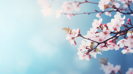 Beautiful spring border, blooming cherry blossoms on a blue background. Beautiful bokeh. Space for text