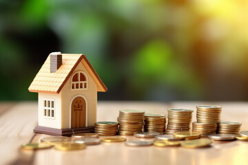 Financial of home loan concept, 3d house model and money coin stacks  around placed on a table, isolated on blurred background. Generative AI.