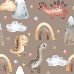 Cute dinosaurs, hot air balloons, clouds, rainbow. watercolor seamless pattern, boho style. Hand drawn. Textile, fabric, wallpaper, design beige © Elena