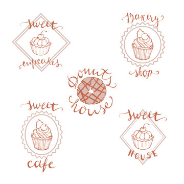 Logos sweet desserts, for the cafe, a restaurant,bakery in a retro-style, hand drawn. Logo templates for your business